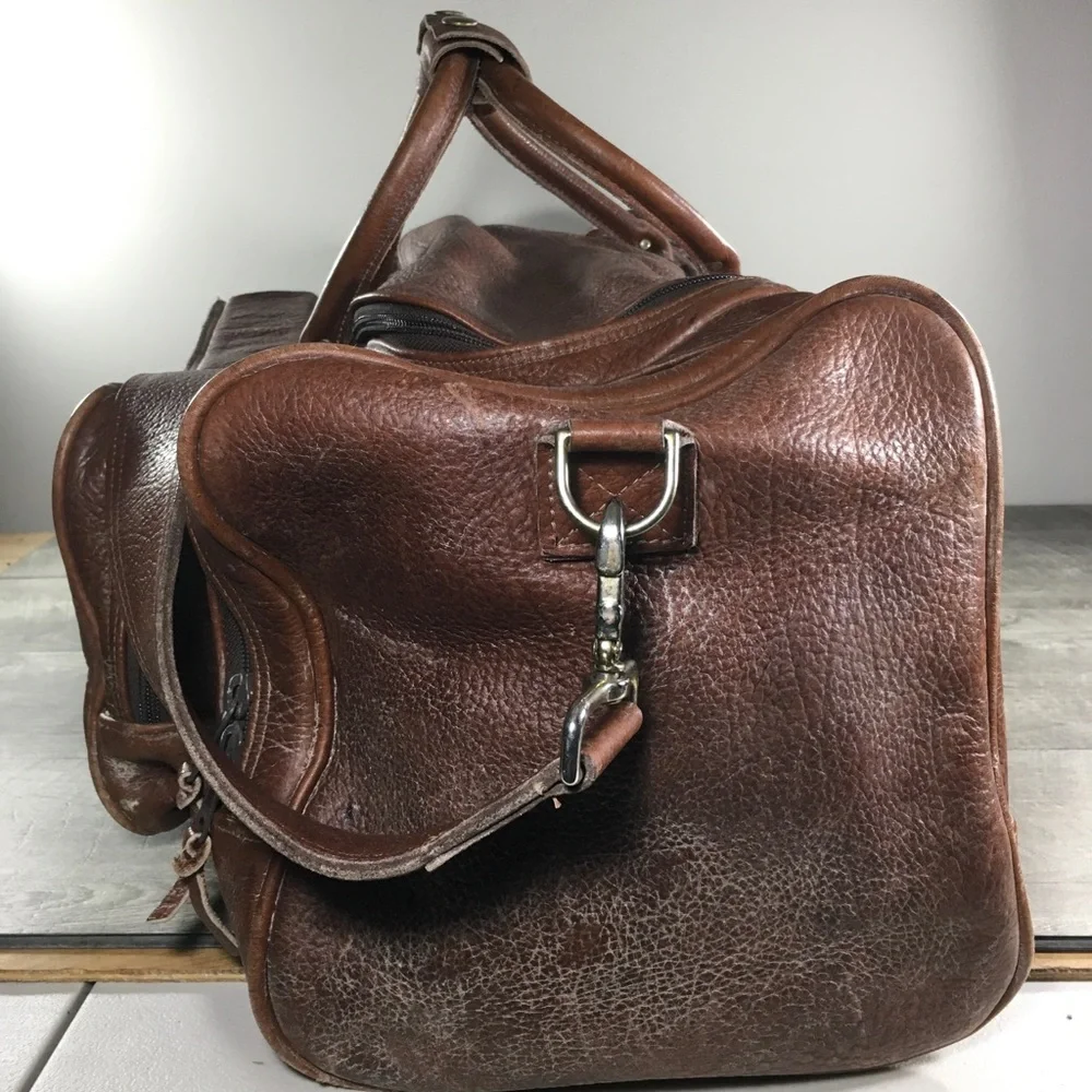 Vintage Brown Bullhide Leather Duffel Duffle Gym Travel Weekender Bag Pack